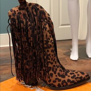 Leopard Print Fringe Heeled Boots